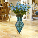 NNEAGS 67cm Blue Glass Tall Floor Vase with Metal Flower Stand