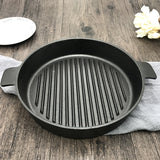 NNEAGS 2X 26cm Round Ribbed Cast Iron Frying Pan Skillet Steak Sizzle Platter with Handle