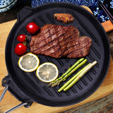 NNEAGS 2X 24cm Round Ribbed Cast Iron Steak Frying Grill Skillet Pan with Folding Wooden Handle