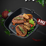 NNEAGS 2X 26cm Square Ribbed Cast Iron Frying Pan Skillet Steak Sizzle Platter with Handle