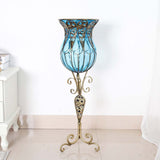 NNEAGS 85cm Blue Glass Tall Floor Vase and 12pcs Pink Artificial Fake Flower Set
