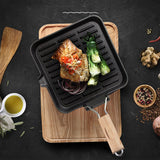 NNEAGS 2X 28cm Ribbed Cast Iron Square Steak Frying Grill Skillet Pan with Folding Wooden Handle