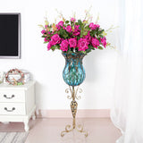 NNEAGS 85cm Blue Glass Tall Floor Vase and 12pcs Dark Pink Artificial Fake Flower Set