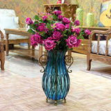 NNEAGS 51cm Blue Glass Tall Floor Vase with 12pcs Artificial Fake Flower Set