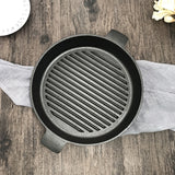 NNEAGS 25cm Round Ribbed Cast Iron Frying Pan Skillet Steak Sizzle Platter with Handle