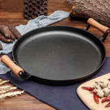 NNEAGS 2X 35cm Cast Iron Frying Pan Skillet Steak Sizzle Fry Platter With Wooden Handle No Lid