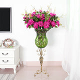 NNEAGS 85cm Green Glass Tall Floor Vase and 12pcs Dark Pink Artificial Fake Flower Set