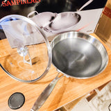 NNEAGS 34cm Stainless Steel Tri-Ply Frying Cooking Fry Pan Textured Non Stick Skillet with Glass Lid and Helper Handle