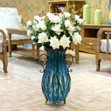 NNEAGS 51cm Blue Glass Tall Floor Vase with 12pcs White Artificial Fake Flower Set