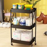 NNEAGS 3 Tier Steel Black Foldable Kitchen Cart Multi-Functional Shelves Portable Storage Organizer with Wheels