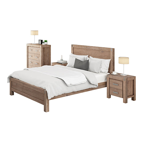 NNEDSZ Pieces Bedroom Suite in Solid Wood Veneered Acacia Construction Timber Slat Queen Size Oak Colour Bed, Bedside Table & Tallboy