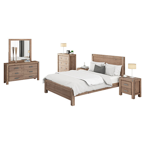NNEDSZ Pieces Bedroom Suite in Solid Wood Veneered Acacia Construction Timber Slat Queen Size Oak Colour Bed, Bedside Table , Tallboy & Dresser