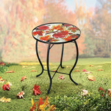 NNETM Outdoor Mosaic Side Table with Printed Maple Leaf Glass Top