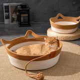 NNETM Cat Ear Shape Thickened Woven Cat Scratching Board Pet Bed - Khaki White