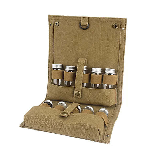 NNETM Outdoor Seasoning Bottles Set - Khaki Canvas Bag for Camping & BBQ