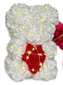 NNESN Eternal Rose Bear Valentine's Day Gift - Red & White PE Foam Flower Bear (25x16.5cm)