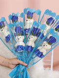 NNESN 10-Piece Blue Artificial Bear Soap Roses Bouquet - 46cm