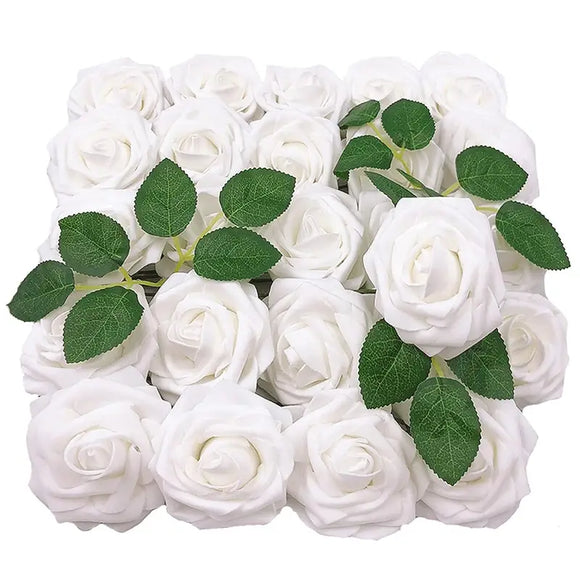 NNETM 50-Piece Realistic Foam Rose Wedding Set - White Artificial Flowers