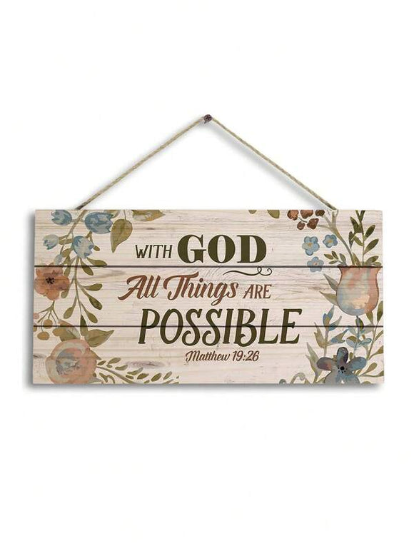 NNESN With God All Things Are Possible Wooden Hanging Wall Sign - 15x30cm