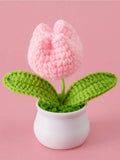 NNESN Handcrafted Pink Woolen Tulip - Charming Artificial Flower in Pot