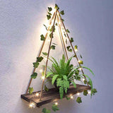 NNESN Rustic Wood Macrame Shelves with 2pcs Artificial Ivy and LED-Strip | Boho Wall Hanging Décor