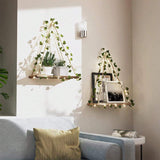 NNESN Rustic Wood Macrame Shelves with 2pcs Artificial Ivy and LED-Strip | Boho Wall Hanging Décor