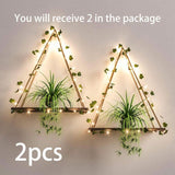 NNESN Rustic Wood Macrame Shelves with 2pcs Artificial Ivy and LED-Strip | Boho Wall Hanging Décor