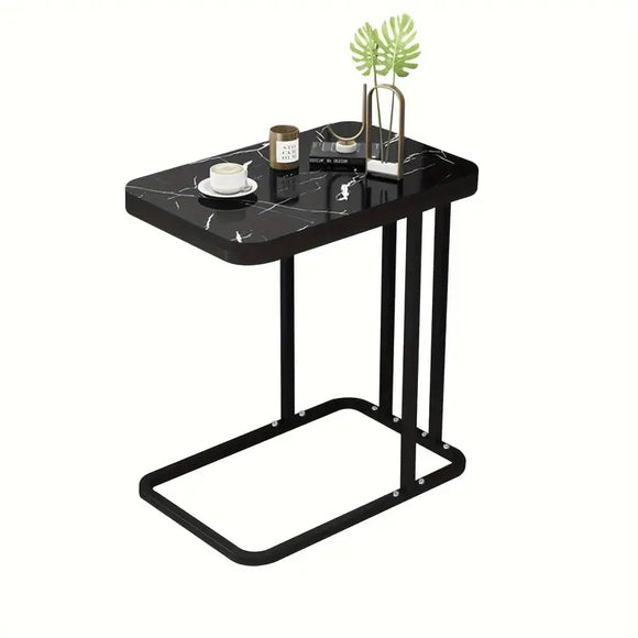 NNETM Modern Black Marble Pattern Side Table with Metal Pedestal Base