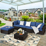 NNECW 6-Piece Patio Rattan Sofa Set with Washable Cushion Cover for Backyard & Poolside Blue