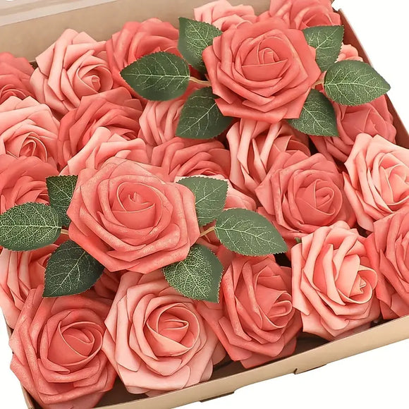 NNETM 25-Piece Retro Deep and Light Coral Artificial Roses Set with Real Touch Feel