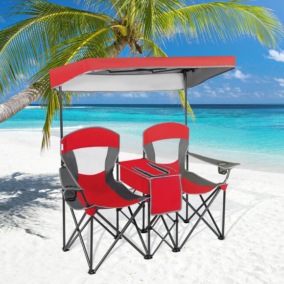 NNECW Double Folding Camping Chair with Canopy and Armrests-Red