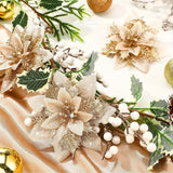 NNETM 12pcs Glitter Christmas Tree Poinsettias - Festive Decorations with Clips and Stems
