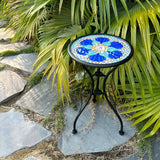 NNETM 1pc Art Deco Mosaic Patio Side Table with Blue Flower Pattern