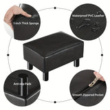 NNETM Small Wooden Leg Ottoman: Black PU Faux Leather Footrest