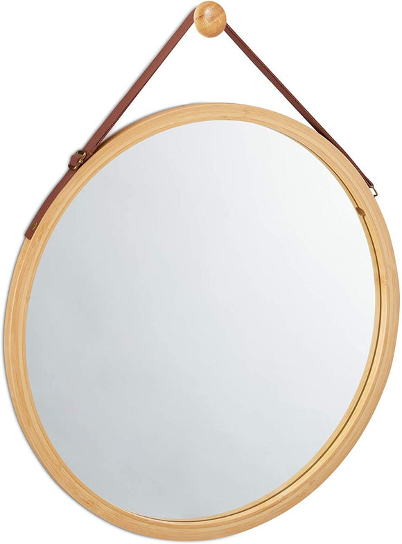 NNEDSZ HOME Hanging Round Wall Mirror 38 cm - Solid Bamboo Frame and Adjustable Leather Strap for Bathroom and Bedroom