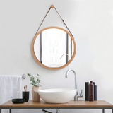 NNEDSZ HOME Hanging Round Wall Mirror 38 cm - Solid Bamboo Frame and Adjustable Leather Strap for Bathroom and Bedroom