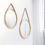 NNEDSZ HOME Hanging Round Wall Mirror 38 cm - Solid Bamboo Frame and Adjustable Leather Strap for Bathroom and Bedroom