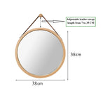 NNEDSZ HOME Hanging Round Wall Mirror 38 cm - Solid Bamboo Frame and Adjustable Leather Strap for Bathroom and Bedroom