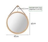 NNEDSZ HOME Hanging Round Wall Mirror 45 cm - Solid Bamboo Frame and Adjustable Leather Strap for Bathroom and Bedroom