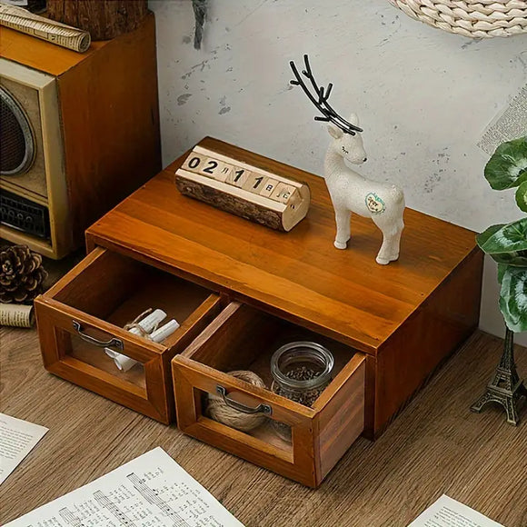 NNEOBA Vintage Wooden Desk Organizer with Glass Drawer - Double Drawer Size