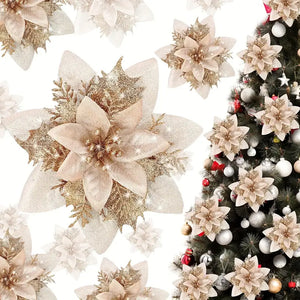NNETM 12pcs Glitter Christmas Tree Poinsettias - Festive Decorations with Clips and Stems