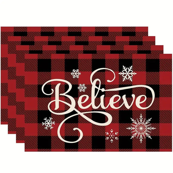 NNETM Set of 4 Red & Black Plaid Christmas Polyester Placemats
