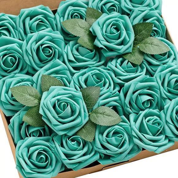 NNETM 25pcs Teal Green Artificial Roses with Flexible Stems