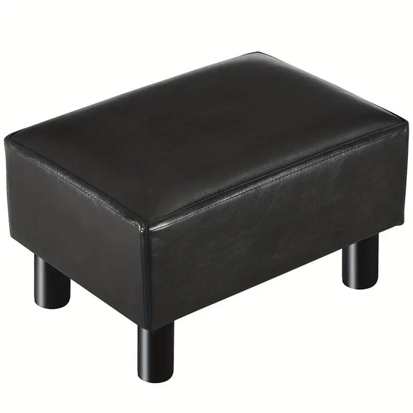 NNETM Small Wooden Leg Ottoman: Black PU Faux Leather Footrest