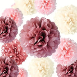 NNETM Dusty Rose Blush Pink Tissue Pom Poms Flowers Set - 15pcs Lotus Root Paper Flowers