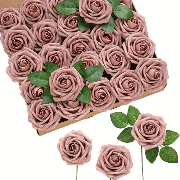 NNETM Dusty Rose Artificial Roses Flowers (25pcs) - Real Touch PE Foam, Flexible Wire Stems