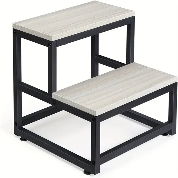 NNETM Heavy Duty 2-Step Steel and Wooden Step Stool - Grey