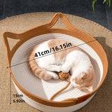 NNETM Cat Ear Shape Thickened Woven Cat Scratching Board Pet Bed - Khaki White