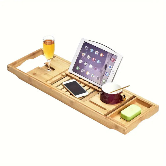 NNETM Stretchable Bamboo Bathtub and Bath Storage Rack - Natural Color