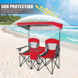 NNECW Double Folding Camping Chair with Canopy and Armrests-Red